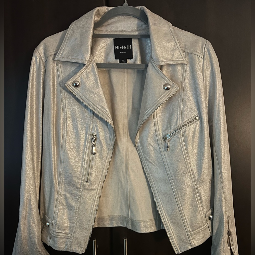 BRAND NEW Insight vegan leather Moto jacket in light metallic silver never worn